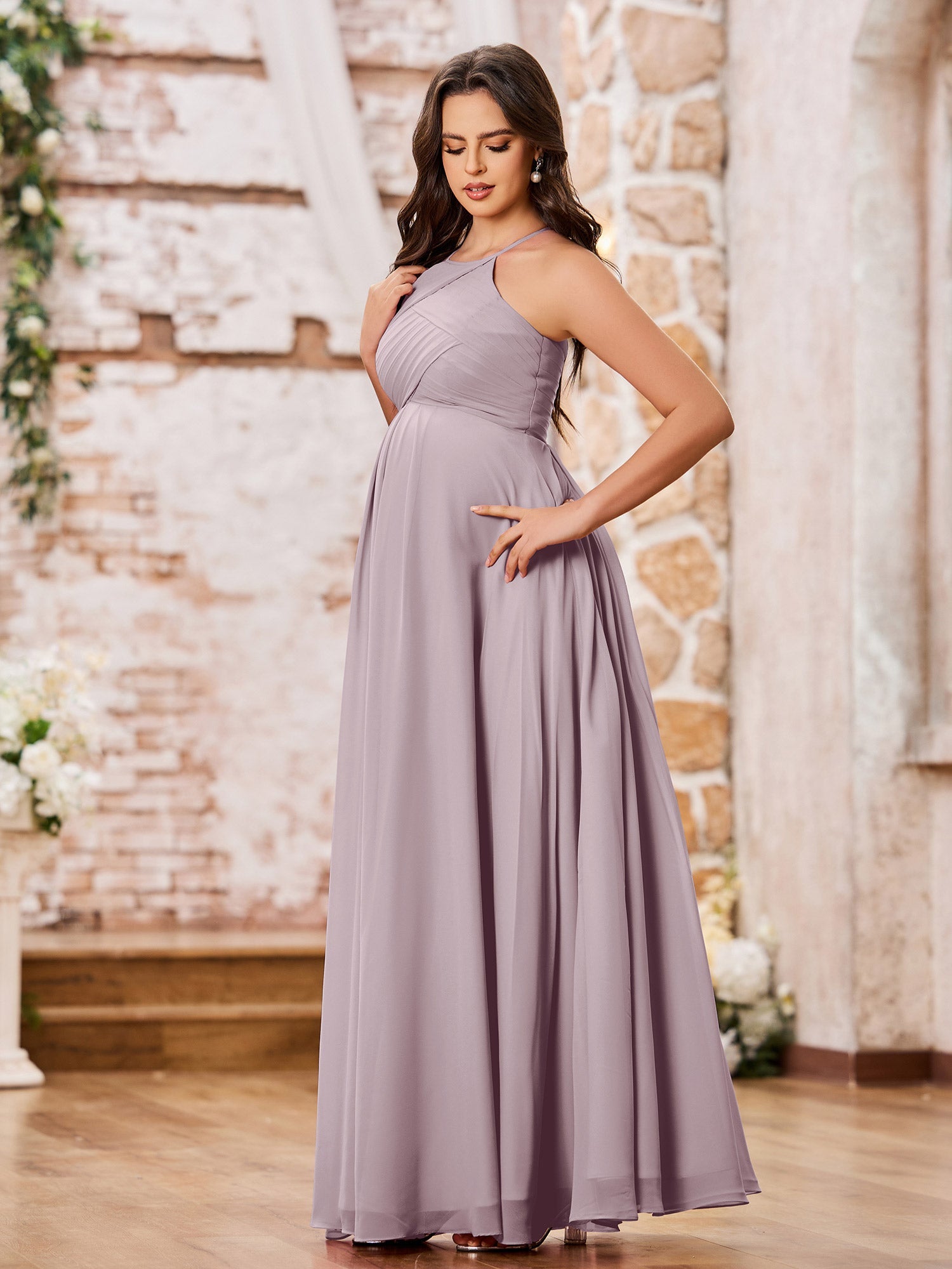 Stunning A-line Halter Empire Floor Length Chiffon Bridesmaid Gowns Dusk